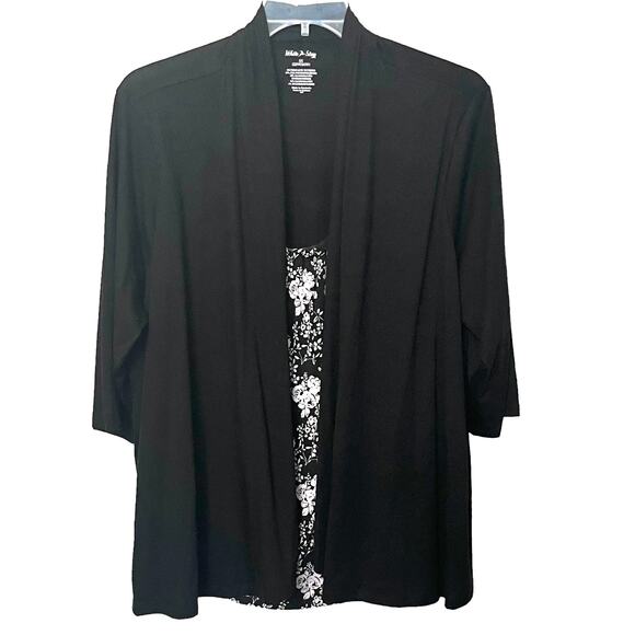 WHITE STAG 3/4 SLV OPEN-FRONT BLOUSE WITH TANK, WOMENS, 3X, BLACK W/WHITE FLORAL - Picture 1 of 10